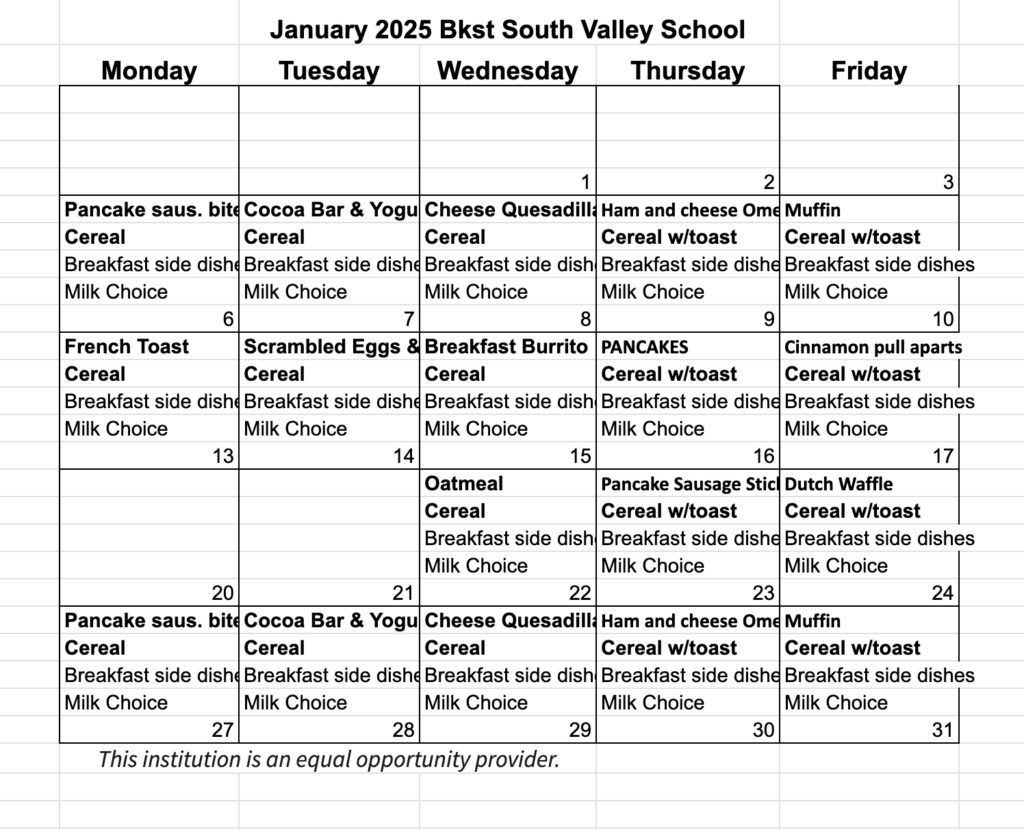 Breakfast Menu Jan 25